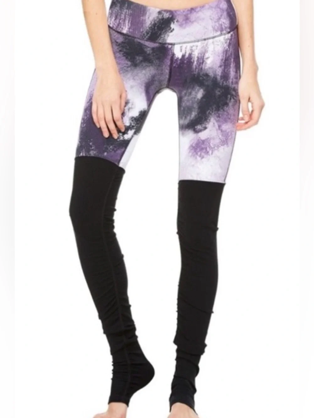 ALO Yoga Purple White Marble Print Goddess Leggings w Ribbed Black Trim, L